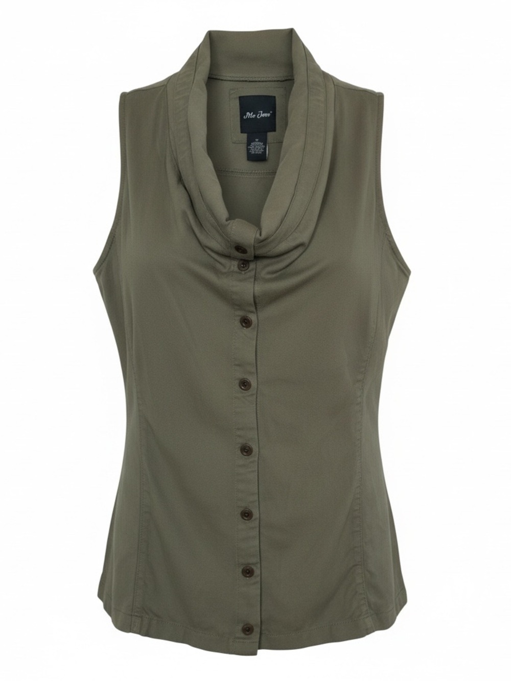 Me Jane Olive Green Sleeveless Button-Front Cowl Neck Top